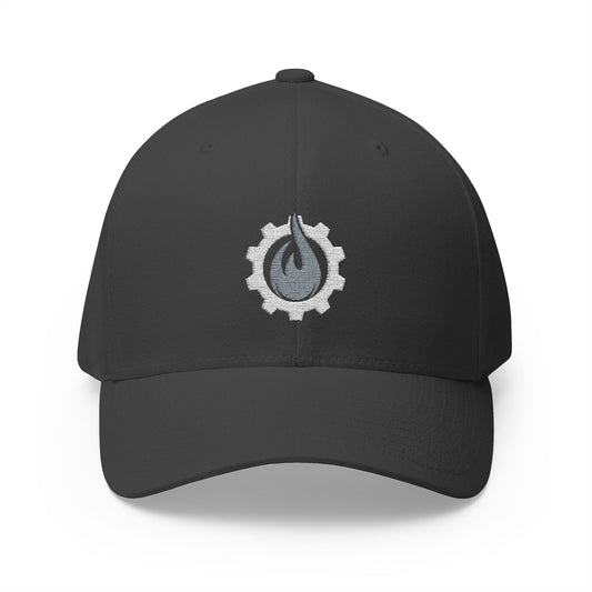 Fireball Gear - Brand Logo - Flame & Gear - Gray & White - FlexFit Cap