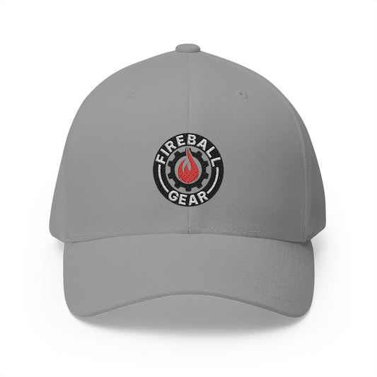 Fireball Gear - Brand Logo - Flame, Gear & Circle - Red, White & Black - FlexFit Cap