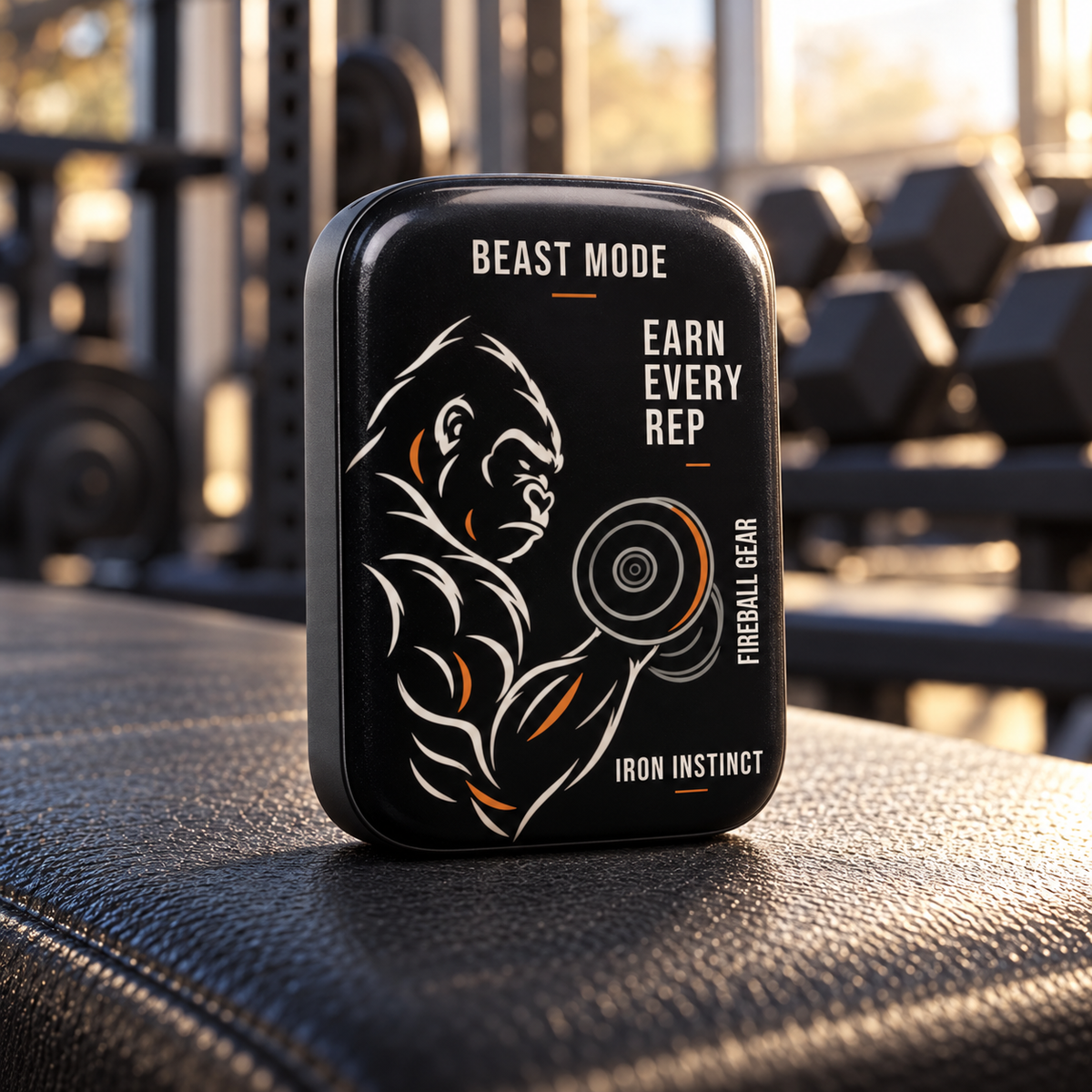 Beast Mode Iron Instinct magnetic powerbank with Earn Every Rep artwork on a gym bench