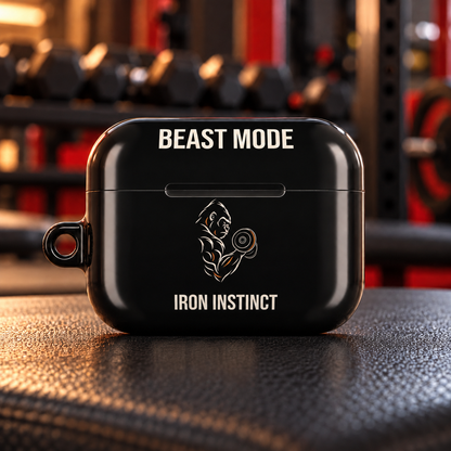 Beast Mode - Iron Instinct Black AirPods Pro Gen 2 protective case on a gym bench; body-centered design