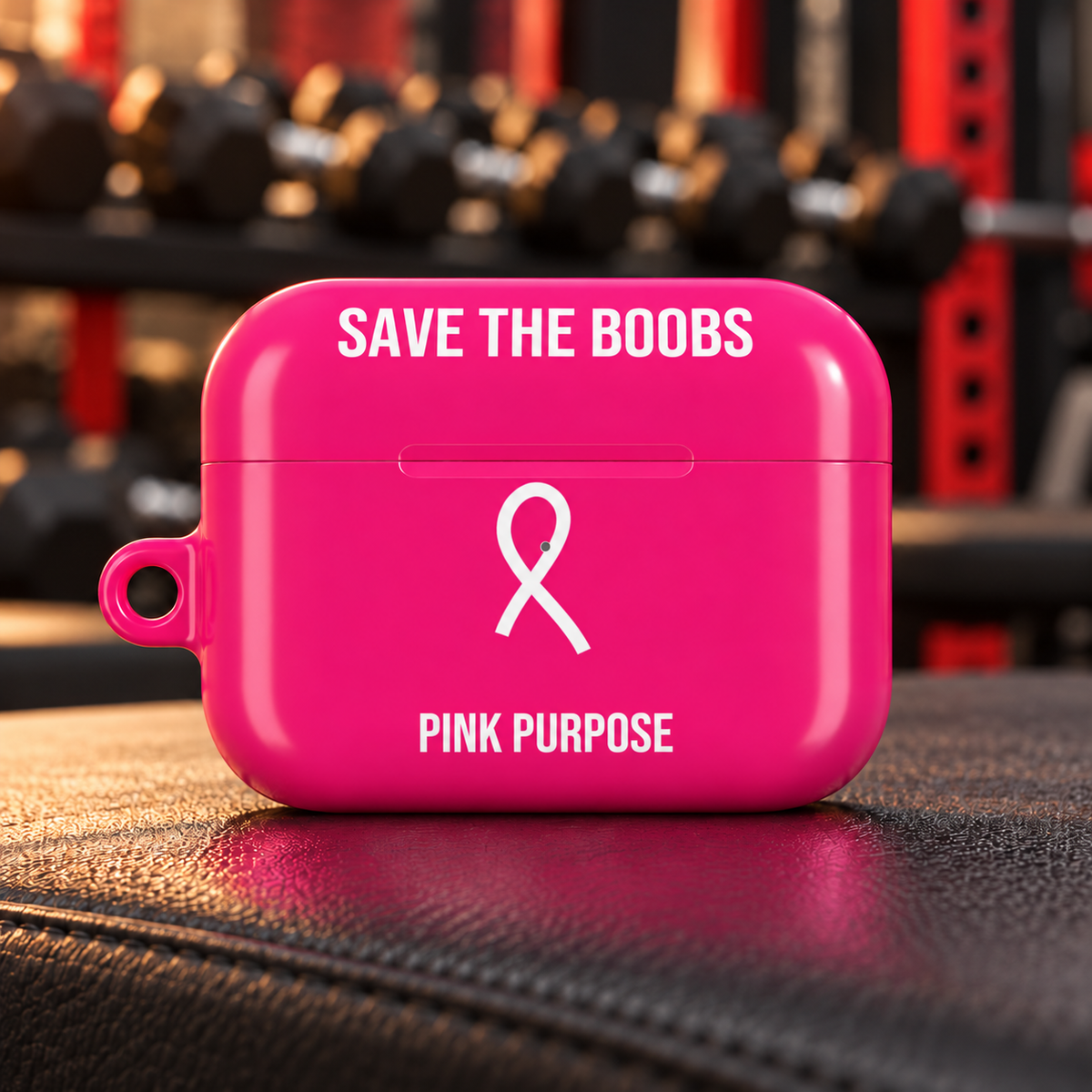 Pink Purpose Hot Pink AirPods Pro Gen 2 protective case on a gym bench; body-centered design