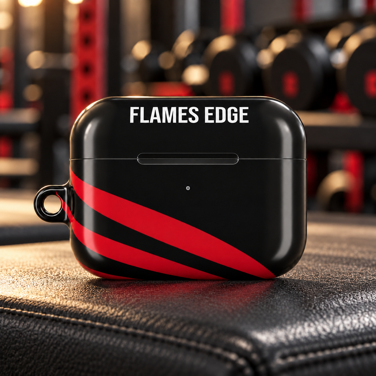 Flames Edge Black AirPods Pro Gen 2 protective case on a gym bench; body-centered design