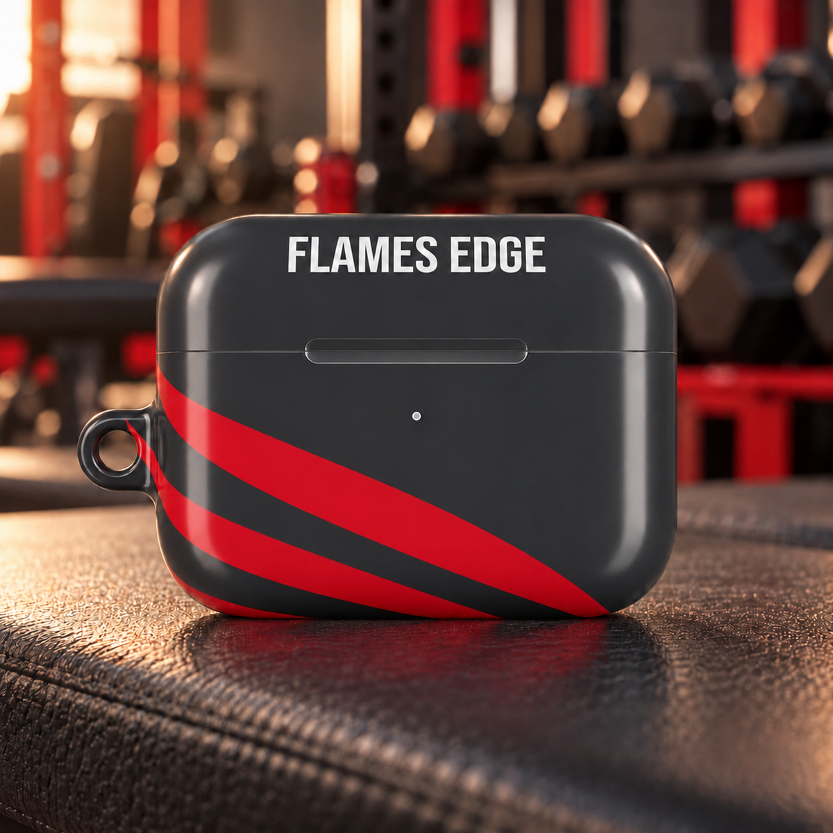 Flames Edge Gray AirPods Pro Gen 2 protective case on a gym bench; body-centered design