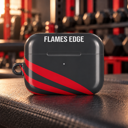Flames Edge Gray AirPods Pro Gen 2 protective case on a gym bench; body-centered design