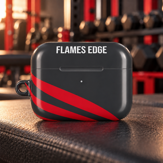 Flames Edge Gray AirPods Pro Gen 2 protective case on a gym bench; body-centered design